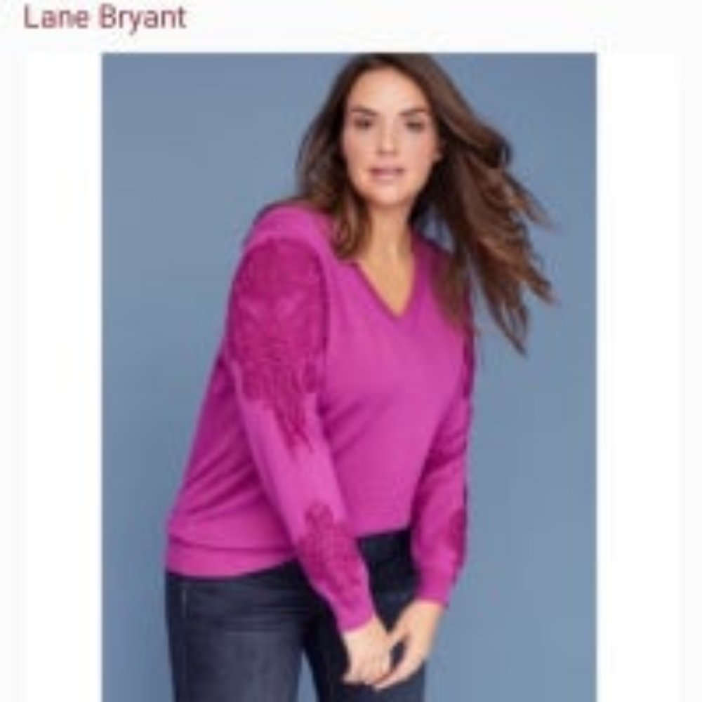 NWT Lane Bryant Fuchsia Embroidered Sleeve V-neck